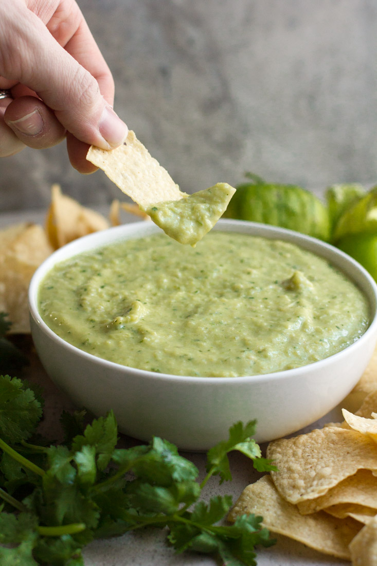 With tomatillos and avocados, this creamy, mild salsa verde is based on my favorite Tex-Mex restaurant recipe. It is sure to become a kitchen staple!
