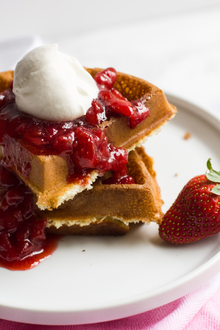 Fluffy Belgian waffles & strawberry syrup, with a heaping spoonful of homemade whipped cream! Great for breakfast in bed on special days, or we have suggestions for an awesome waffle bar to celebrate the return of Stranger Things!