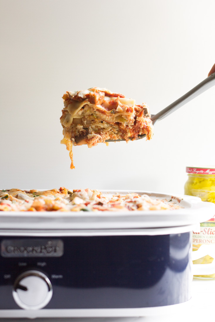 This crock pot vegetable lasagna makes for an easy dinner with bright, fresh, notes of zucchini, squash and peperoncini.