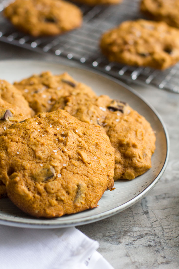 Pumpkin Oatmeal Cookies with Dark Chocolate and Sea Salt are the best way to celebrate the fall baking season. Enjoy with a nice cup of coffee and a comfy blanket.