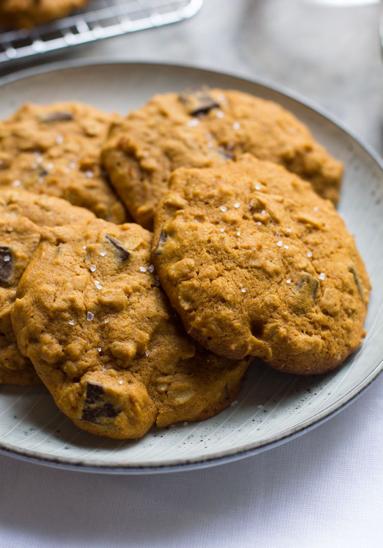 Pumpkin Oatmeal Cookies with Dark Chocolate and Sea Salt are the best way to enjoy the fall baking season. Enjoy with a nice cup of coffee and a comfy blanket.