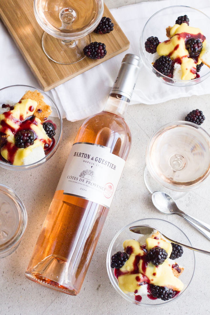 Champagne mousse, or sabayon, is a fast and light dessert served atop angel food cake and topped with blackberries. The perfect light, yet flavorful dessert to be enjoyed in the fall or year round! #ad