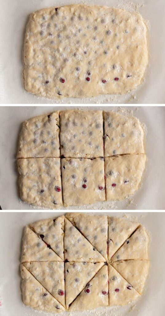 cranberry scone dough laid out to show how to cut scones