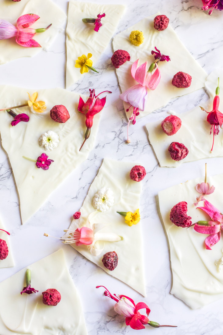 white chocolate bark with edible flowers