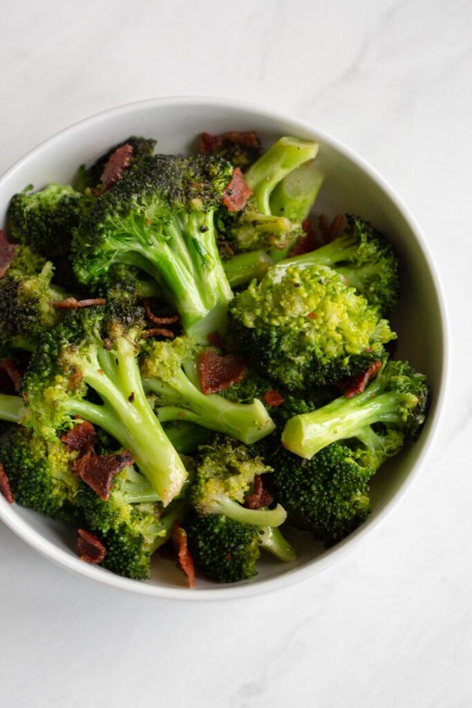broccoli and bacon in a bowl