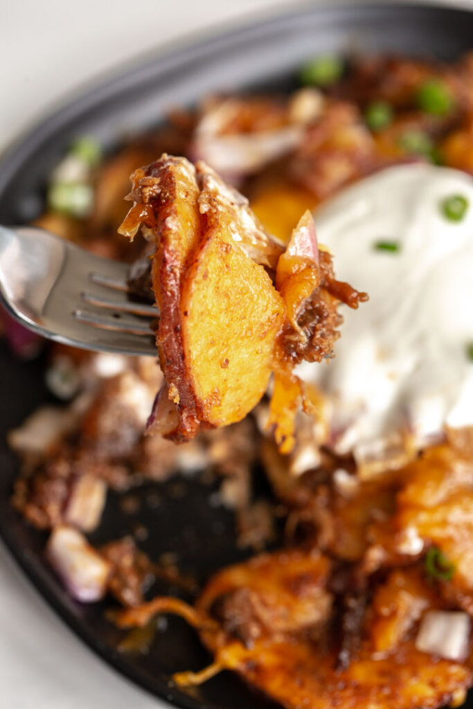 bbq potato nachos with a bite taken out