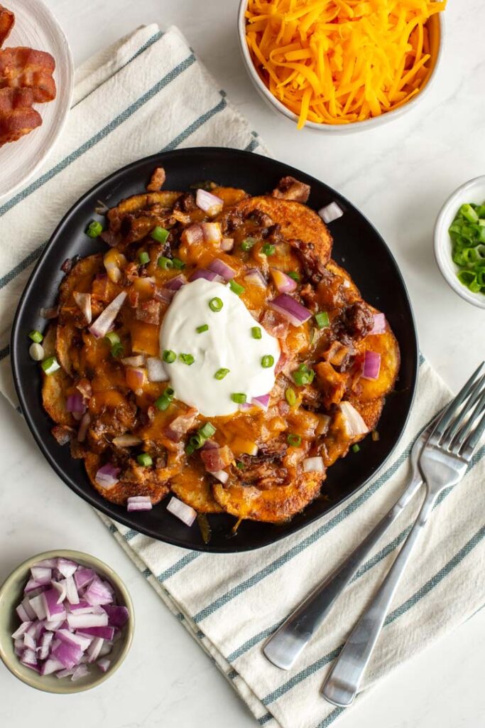 bbq potato nachos on a plate