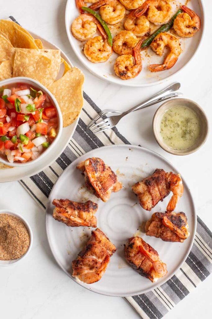 stuffed shrimp en brochette with chips and salsa