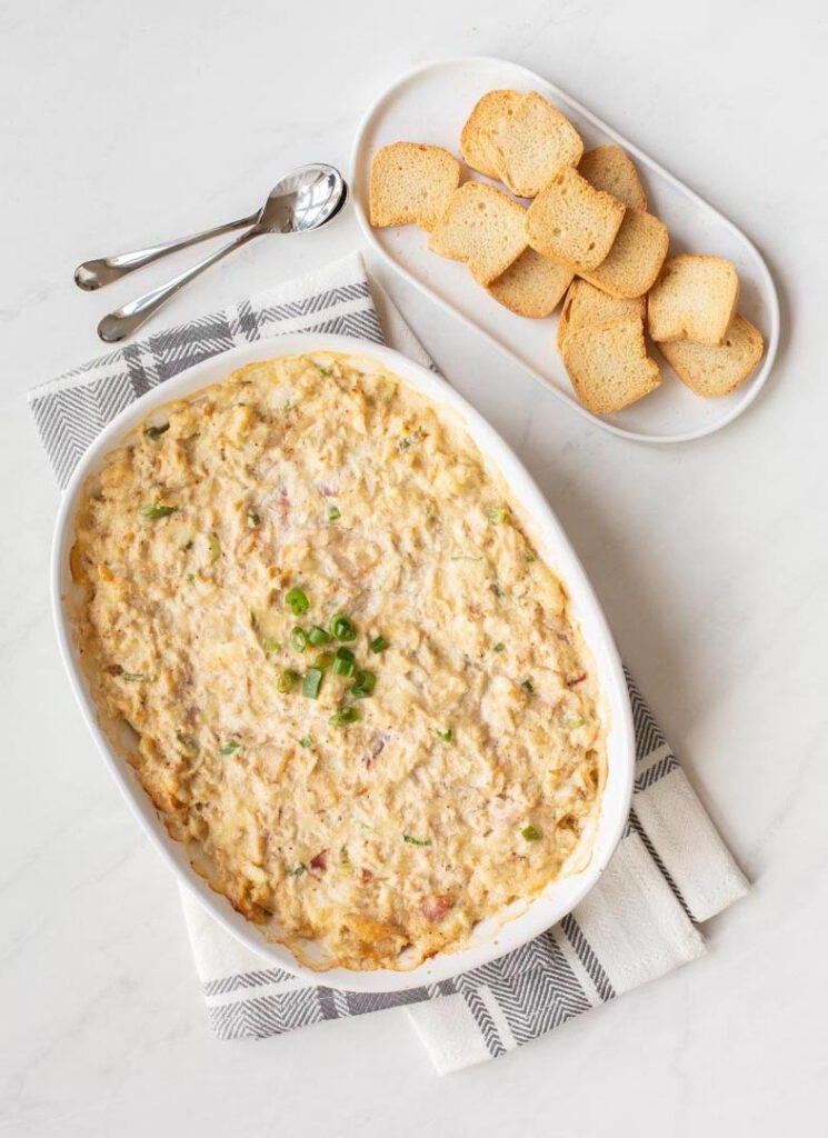 hot crab dip in a casserole dish