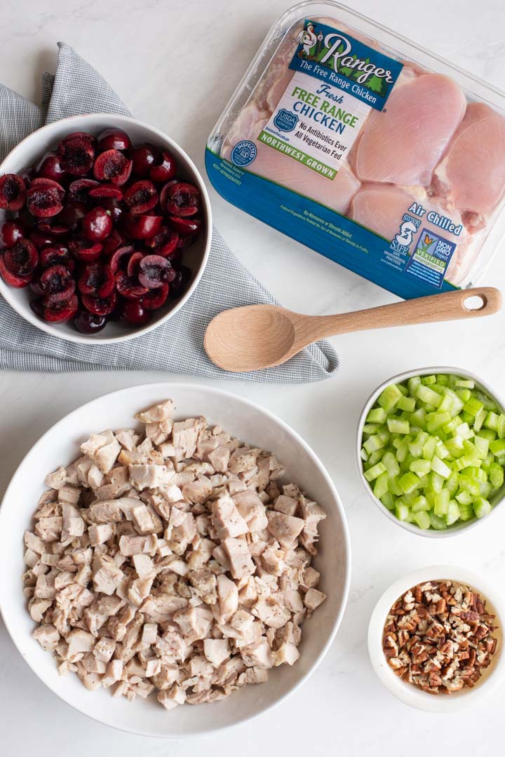 ingredients for cherry chicken salad on a table