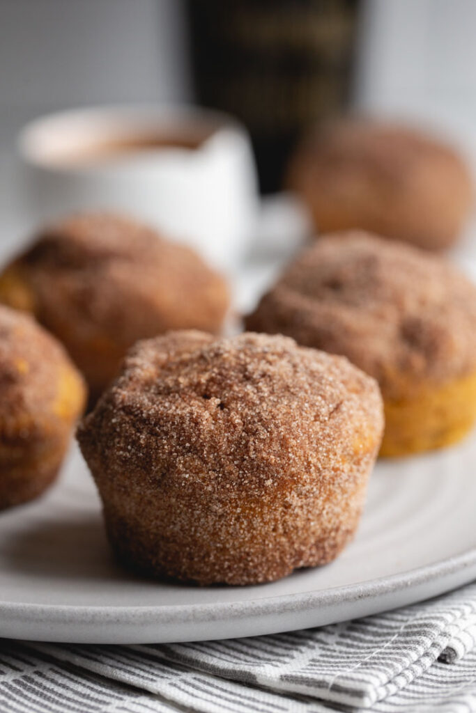 close up of a pumpkin muffin coated in cinnamon sugar