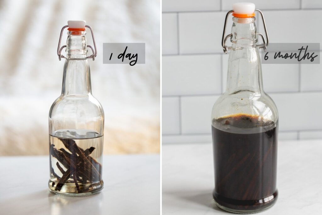 two photos showing homemade vanilla extract on day 1 and 6 months