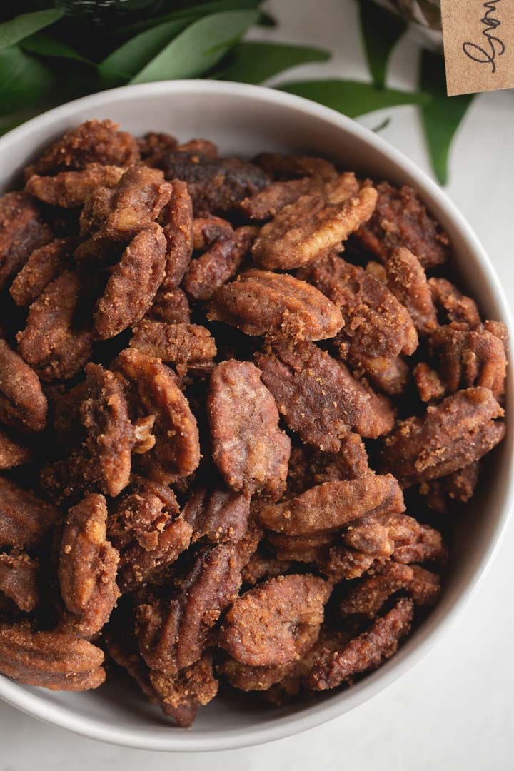spicy candied pecans in a bowl