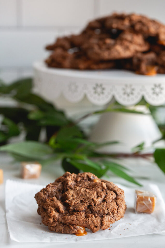 chocolate turtle cookies on a paper