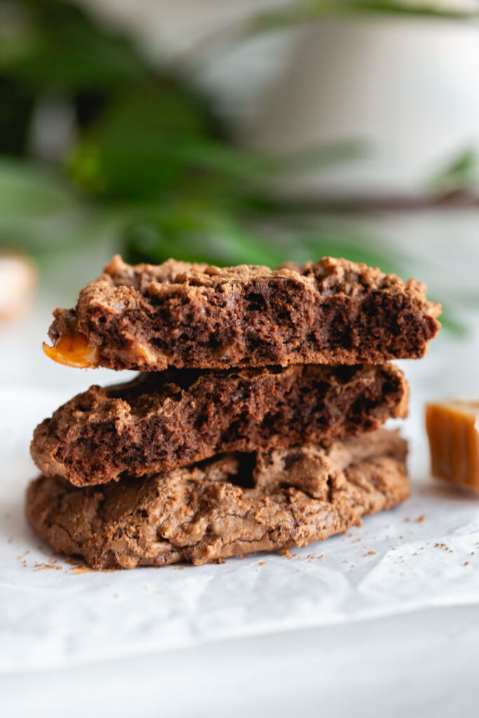 close up of the inside of chocolate turtle cookies