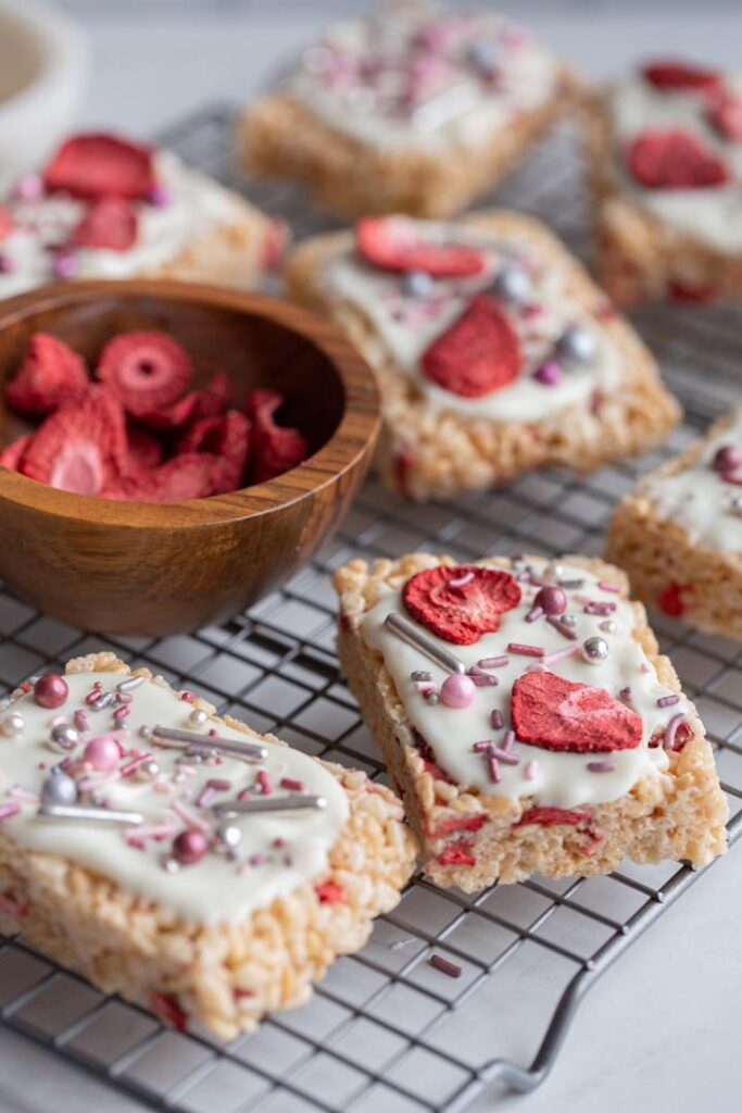 side view of strawberry rice krispie treats