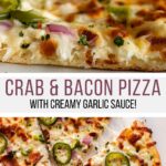 This homemade crab pizza is decked out with a creamy white garlic sauce, cheese, crab, bacon, green bell pepper, red onion and fresh jalapeño. Make it with a store bought dough or the included from-scratch recipe - it's delicious every time!