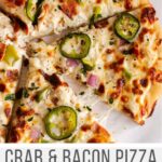 This homemade crab pizza is decked out with a creamy white garlic sauce, cheese, crab, bacon, green bell pepper, red onion and fresh jalapeño. Make it with a store bought dough or the included from-scratch recipe - it's delicious every time!