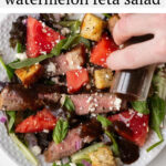 AD: The recipe for this bright and refreshing salad includes grilled tri tip steak, watermelon, red onion, feta cheese, basil, mint and a delicious balsamic vinaigrette. Perfect for serving at summer dinner parties!
